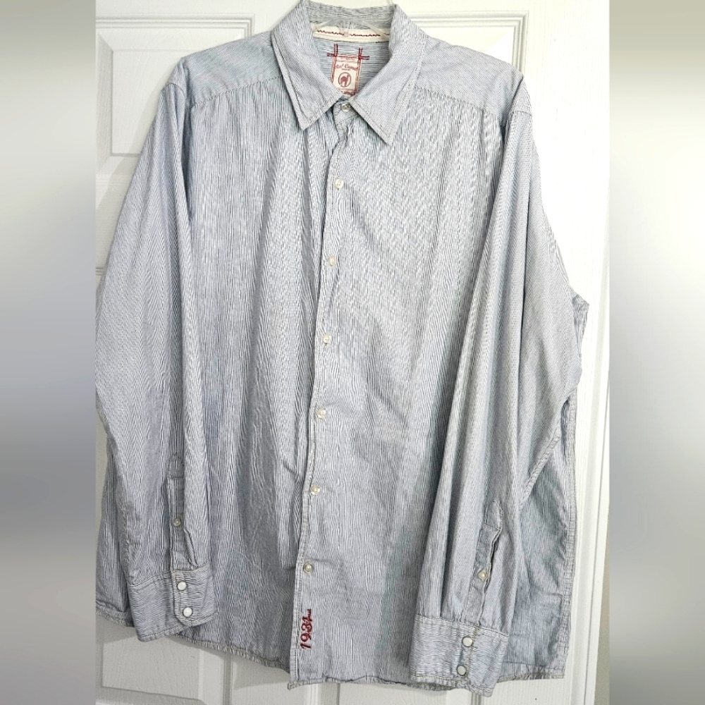 Men's Red Camel Long Sleeve Button Up-‎ Blue Pinstriped Shirt, Size XL